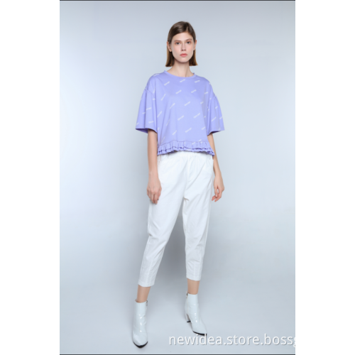 LADIES CROPPED PRINT T-SHIRT WITH FRILLS